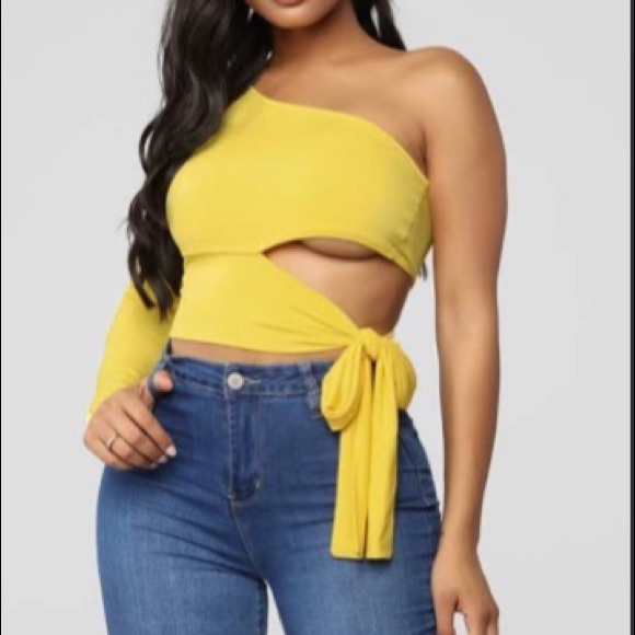 Fashion nova one shoulder self tie crop top yellow - Picture 2 of 2